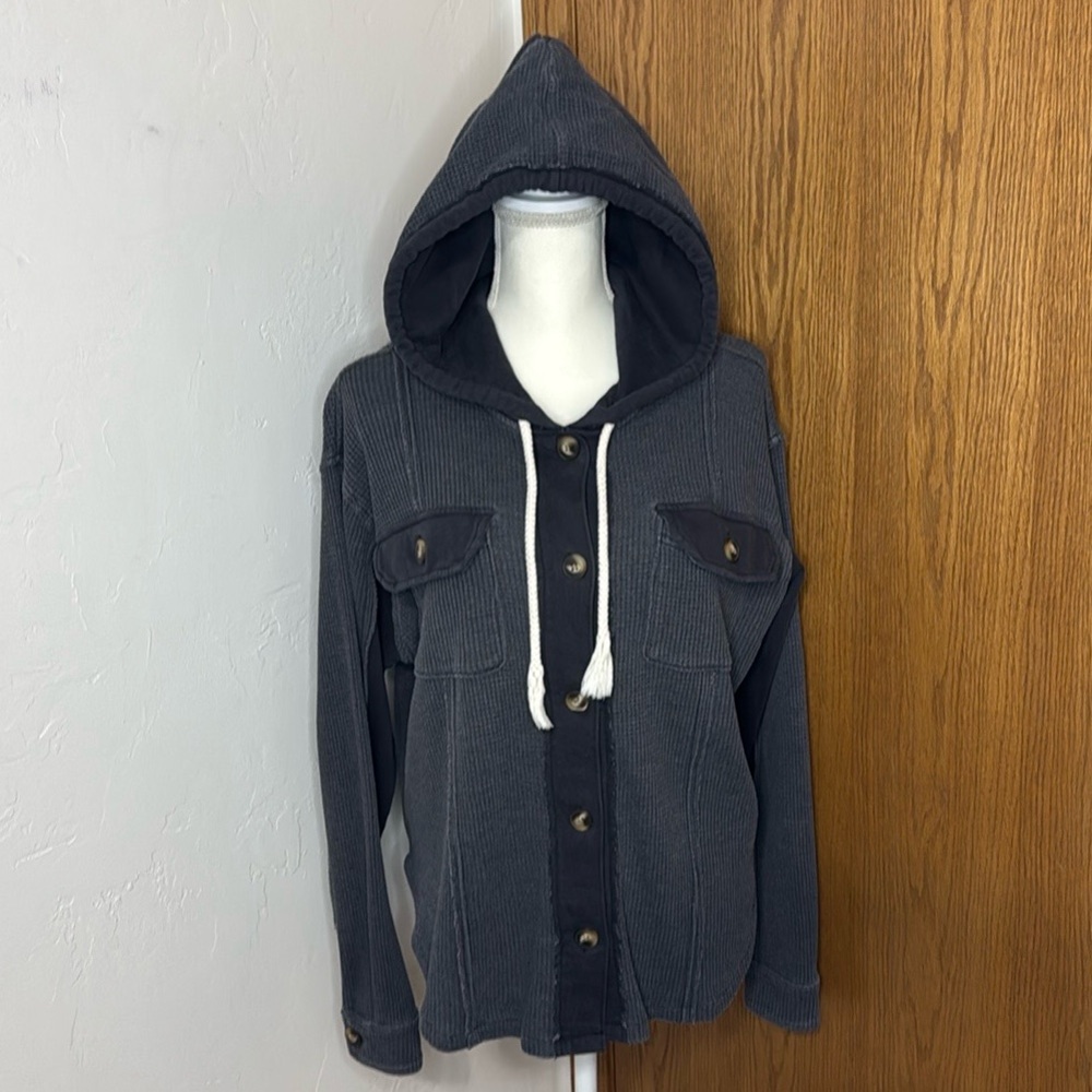 American Eagle steel blue waffle knit hooded Shacket XS
